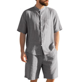 American Linen Suit Men Summer Two Piece Suit With Henry Collar Beach